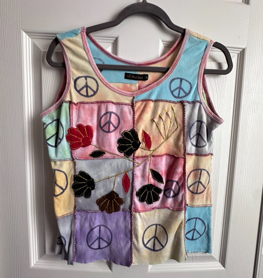 VTG 90s All That Jazz Women XL Patchwork Embroidered Peace Sign Tank Boho Hippie